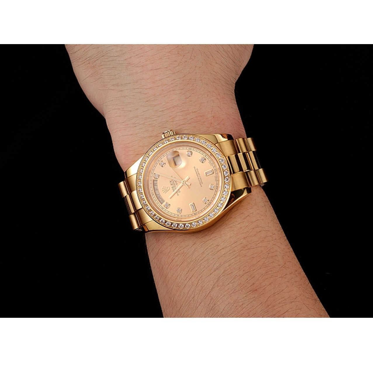 AAA replica watch Diamond Bracelet Swiss Dial 1454099 Day-Date Rolex Gold Champagne Bezel 0701